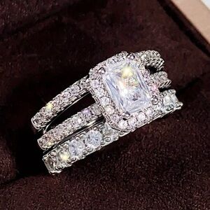Engagement & Wedding Ring Set - Sz 6, Sparkling CZ 925 Silver Plate 3pcs